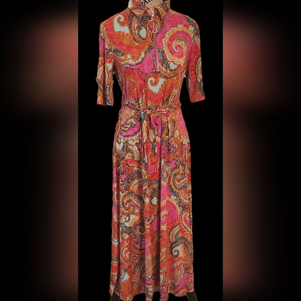 MSK  Coloroful Long Dress with 3/4 Sleeves and Dress Shirt Collar M Size